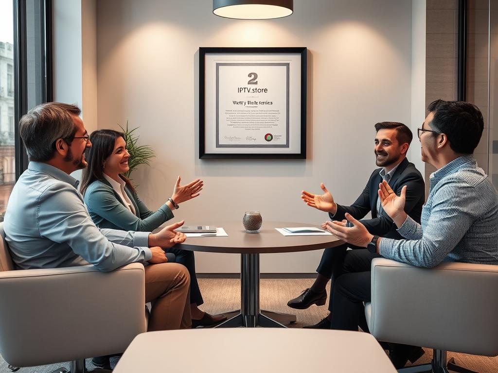 A cozy, well-lit office setting with three satisfied customers seated around a conference table, engaged in a lively discussion. The room has a modern, minimalist design with sleek furniture and large windows that flood the space with natural light. The customers, dressed in professional attire, are gesturing animatedly, their expressions conveying a sense of relief and satisfaction. A large, framed certificate or award hangs on the wall, highlighting the successful resolution of IPTV issues through the services of 2TV.store. The overall atmosphere exudes professionalism, trust, and the positive impact of reliable IPTV solutions.