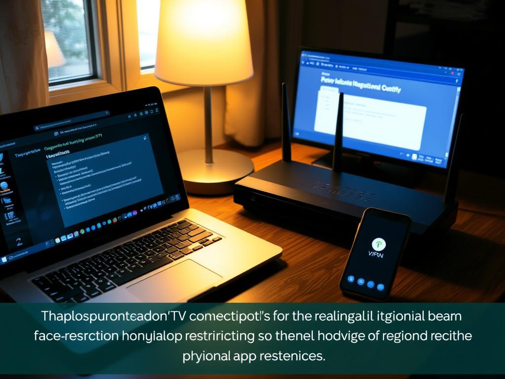 A dimly lit home office with a laptop, smartphone, and network router on a wooden desk. The laptop screen displays diagnostic tools for troubleshooting an IPTV connection, while the smartphone shows a VPN app. The room is illuminated by a soft, warm light, creating a pensive atmosphere. The overall scene conveys the challenge of resolving regional IPTV restrictions through technical solutions.