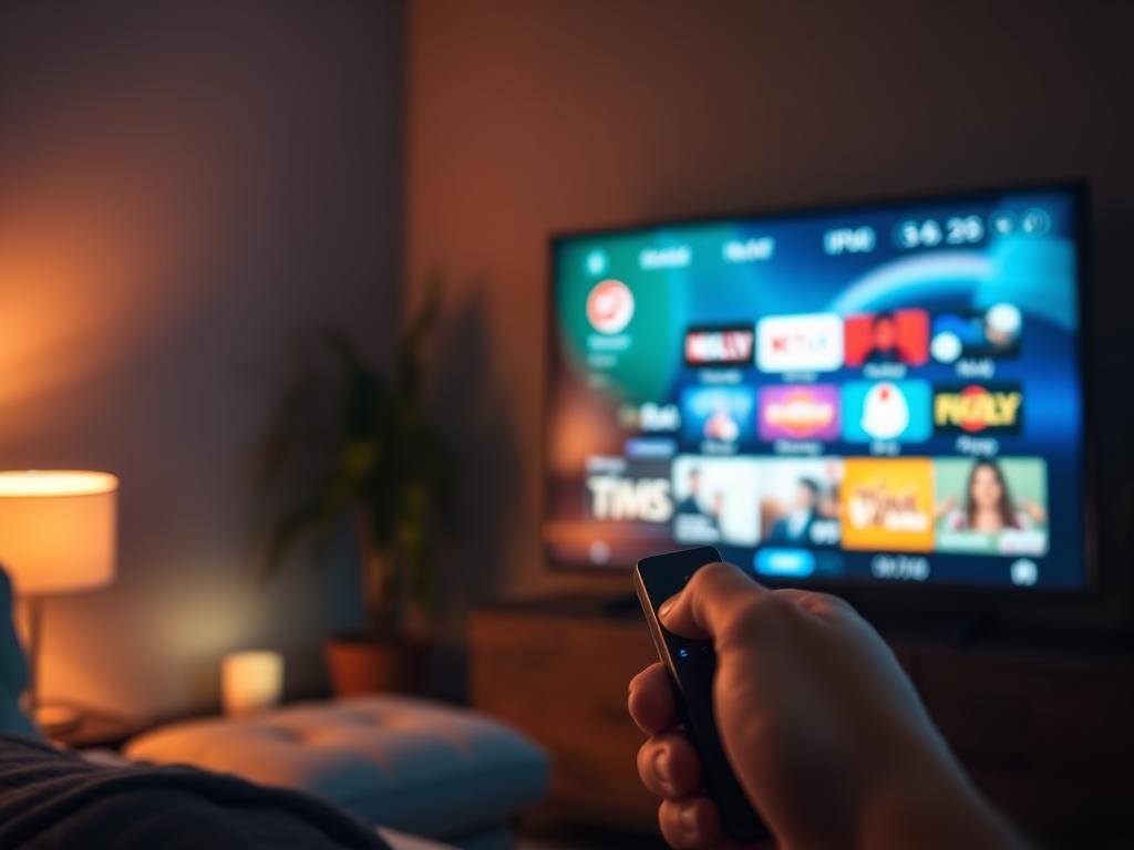 A dimly lit room with a cozy atmosphere, showcasing a Firestick device connected to a television screen. The screen displays a vibrant, high-quality IPTV interface, with various streaming options and channels. In the foreground, a hand holds a remote control, poised to navigate the optimized IPTV interface. The background features subtle, muted tones that create a sense of focus and immersion, highlighting the central elements of the IPTV streaming experience. Warm, soft lighting illuminates the scene, conveying a sense of comfort and relaxation for the viewer.