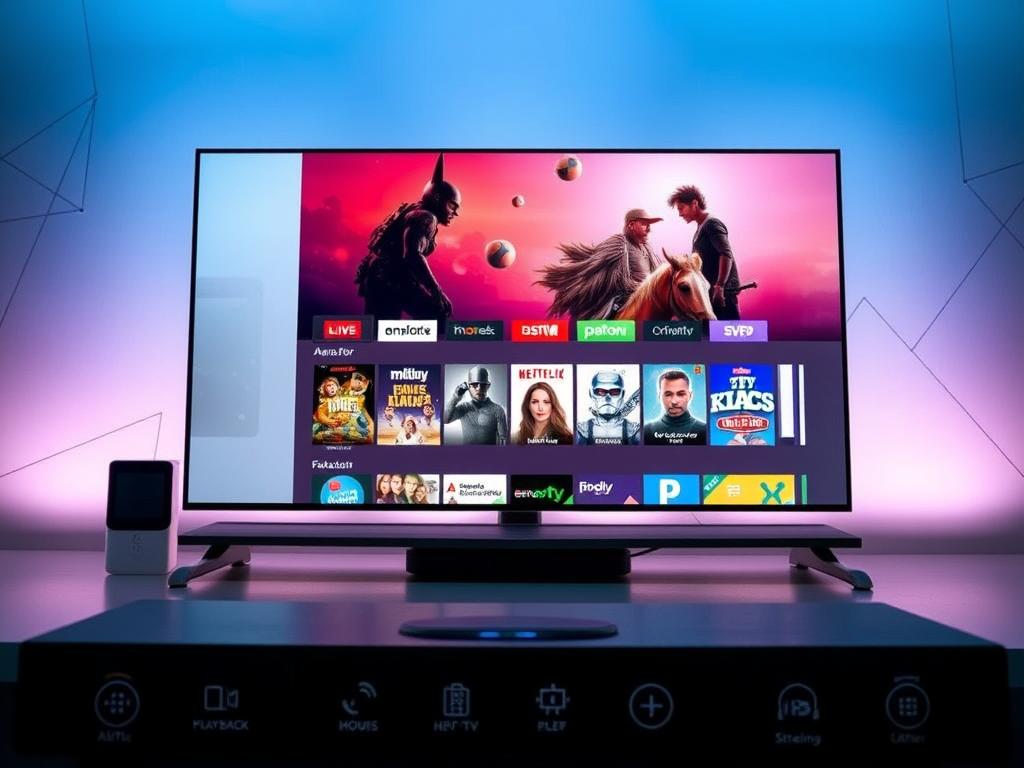 A modern, high-tech IPTV player interface showcasing its advanced features. In the foreground, sleek icons and intuitive controls for playback, settings, and content management. In the middle ground, a large, vibrant display of a curated selection of live TV channels, on-demand movies, and streaming services. The background features a subtle, gradient-based design with minimalist geometric patterns, conveying a sense of sophistication and technological prowess. The lighting is soft and diffused, creating a clean, polished aesthetic. The camera angle is slightly elevated, giving an overview of the player's comprehensive functionality and user-friendly layout.