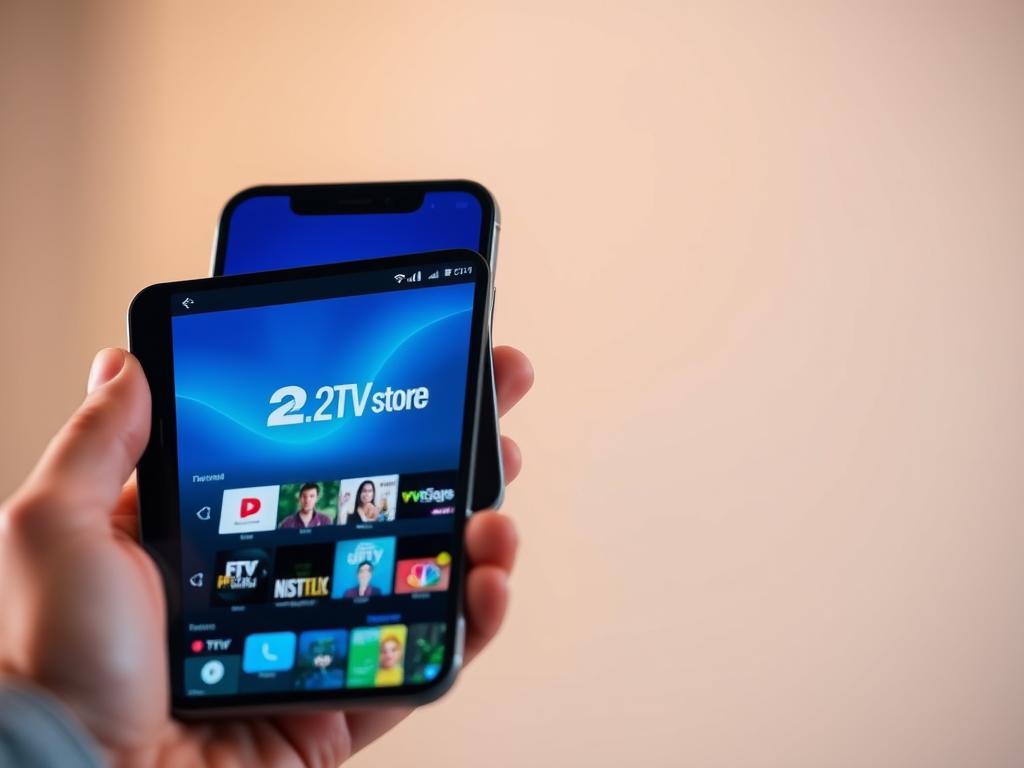 A modern mobile device featuring the 2TV.Store IPTV app prominently displayed on the screen. The device is held in the hand of a person, showcasing its ease of use and accessibility. The background is blurred, drawing the viewer's attention to the app interface which appears clean, intuitive, and visually appealing. Soft, warm lighting illuminates the scene, creating a pleasant and inviting atmosphere. The overall composition conveys the seamless integration of 2TV.Store into the user's daily life, highlighting its reliability and the uninterrupted IPTV experience it provides.