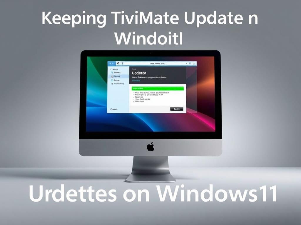 A professional-looking desktop computer with a sleek, modern design, displaying the TiviMate IPTV player application on the screen. The application interface shows an update process with progress bars and version information, indicating the user is updating the software to the latest version. The computer is set against a clean, minimalist background, with subtle lighting that creates a sense of depth and emphasizes the screen's display. The overall scene conveys a sense of efficiency and technological sophistication, suitable for illustrating the "Keeping TiviMate Updated on Windows11" section of the article.