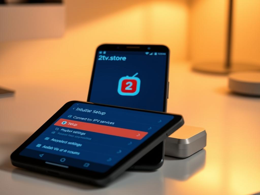 A sleek Android smartphone rests on a minimalist desk, its screen displaying the intuitive 2tv.store interface. The foreground showcases the app's setup menu, with options for connecting to IPTV services, configuring playback settings, and managing user accounts. The middle ground depicts the device's home screen, featuring a clean, modern design that highlights the 2tv.store app icon. In the background, a warm, indirect lighting creates a cozy, inviting atmosphere, setting the stage for a seamless IPTV experience on the Android device.