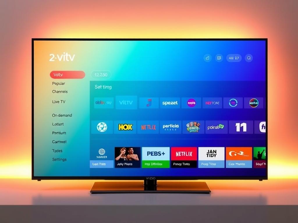 A vibrant and modern 2tv.store interface displayed on a Vizio smart TV screen. The foreground features a clean, intuitive layout with clearly labeled sections for popular IPTV channels, live TV, on-demand content, and user settings. Colorful icons and imagery guide the user experience. The middle ground showcases a selection of high-definition, premium channel logos, hinting at the breadth of content available. In the background, a soft, gradient-based color scheme creates a sleek, high-tech ambiance, complemented by subtle lighting effects that emanate from the screen, casting a warm glow. The overall composition conveys a sense of advanced, yet user-friendly IPTV functionality tailored for the Vizio smart TV platform.