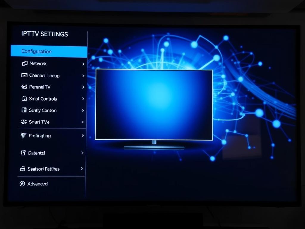 A well-lit, detailed configuration screen for an IPTV (Internet Protocol Television) service, showcasing various settings and options. The foreground features a modern, intuitive user interface with clearly labeled sections for network settings, channel lineup, parental controls, and advanced options. The middle ground depicts a sleek, minimalist smart TV interface, hinting at the seamless integration of the IPTV service. The background portrays a stylized, abstract representation of the internet and streaming technology, conveying the digital nature of the IPTV experience. The overall mood is one of professionalism, clarity, and technological sophistication, reflecting the optimal performance and user-friendly setup of the IPTV system.