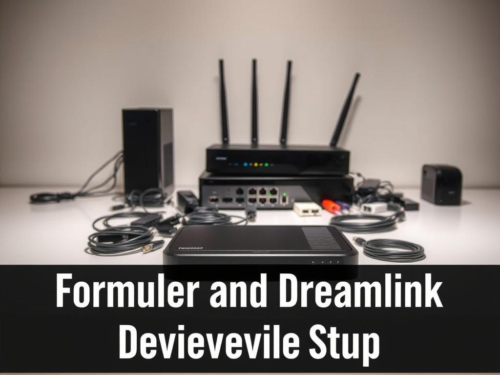 A well-lit, detailed setup of a Formuler or Dreamlink IPTV device. The device is prominently displayed in the foreground, showcasing its sleek and modern design. Behind it, a neatly organized arrangement of cables, routers, and other IPTV accessories. The background is a clean, minimalist space, with subtle lighting highlighting the technical components. The overall scene conveys a sense of efficiency and professionalism, reflecting the ease and simplicity of the IPTV configuration process. The image captures the essence of the "Formuler and Dreamlink Device Setup" section, providing a visually compelling representation of the topic.