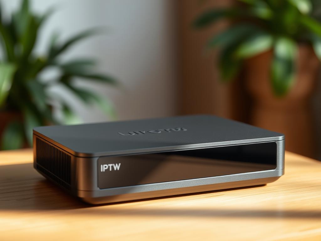A well-lit, sleek IPTV box rests on a minimalist wooden surface, its clean lines and modern design embodying the ideal of legal and secure streaming. Soft, directional lighting accentuates the box's premium materials, while a blurred background of verdant foliage and soothing pastel hues conveys a sense of tranquility and responsible digital living. The device's unobtrusive presence suggests a seamless integration into the user's living space, promising a hassle-free, law-abiding streaming experience.