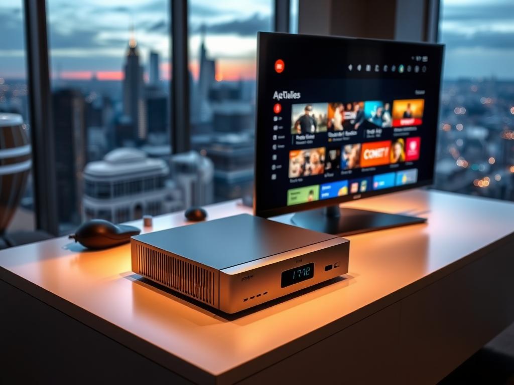 An IPTV streaming device sits atop a sleek, modern desk, its clean lines and minimalist design reflecting the optimal performance it delivers. Soft, diffused lighting casts a warm glow, illuminating the intricate components within the device's chassis. The device's interface is displayed on a high-resolution monitor, showcasing intuitive menus and crisp, vibrant visuals. In the background, a city skyline is visible through a large window, hinting at the boundless entertainment and content the device can access. The overall scene conveys a sense of technological refinement and efficiency, perfectly capturing the essence of "Optimizing Your IPTV Streaming Device for Peak Performance."