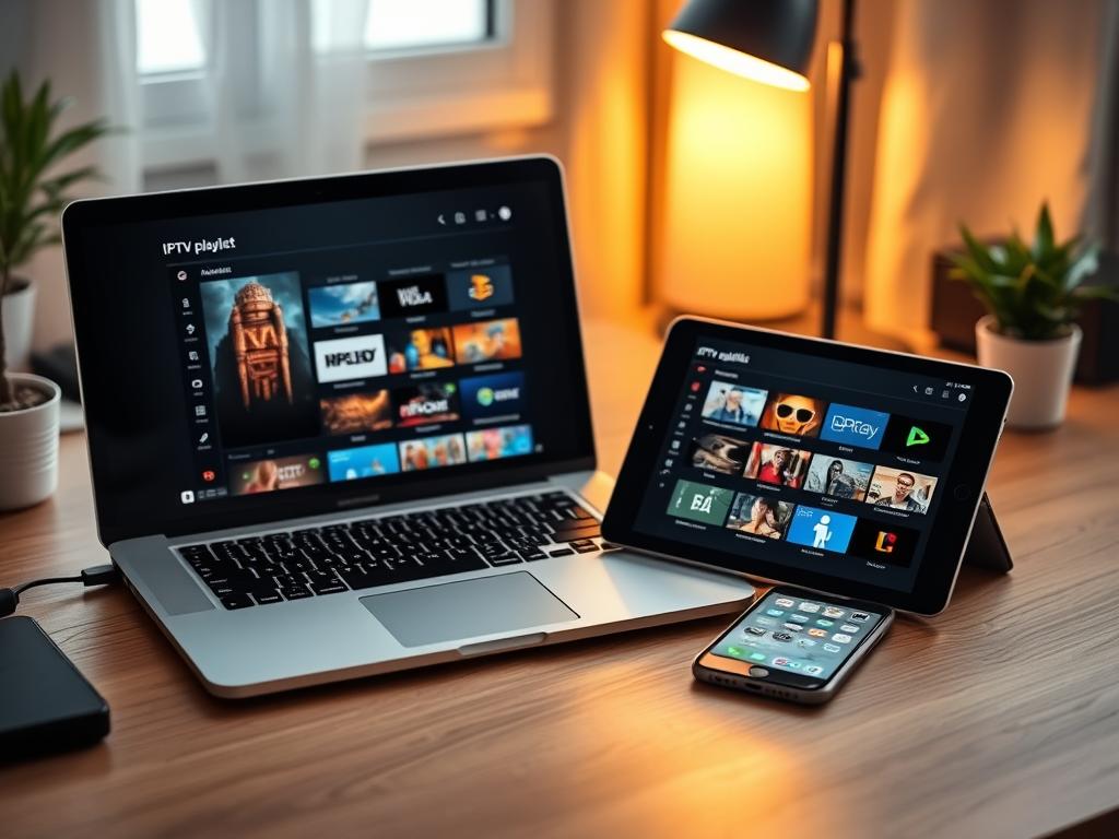 A cozy home office setup with a laptop, tablet, and smartphone showcasing the IPTV playlist interface. Warm lighting illuminates the devices, casting a soft glow. The laptop screen displays the main IPTV menu, the tablet highlights channel selection, and the smartphone demonstrates the mobile app. Sleek, modern devices are arranged neatly on a wooden desk, creating a harmonious, tech-savvy atmosphere. The scene conveys the ease and versatility of setting up the 2TV.store IPTV playlist across different devices.