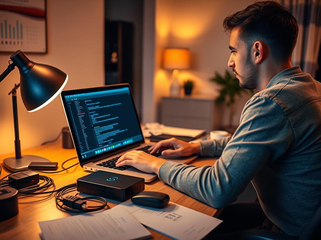 A cozy home office setup, with a person diligently troubleshooting an IPTV system on a laptop. Warm, diffused lighting illuminates the scene, creating a relaxed, focused atmosphere. The laptop screen displays diagnostic tools and error logs, while the user's expression conveys deep concentration. Surrounding the setup, a well-organized desk with various IPTV accessories, cables, and reference materials, suggesting a methodical, problem-solving approach. In the background, subtle hints of a modern, minimalist interior design, emphasizing the tranquility and efficiency of the workspace.