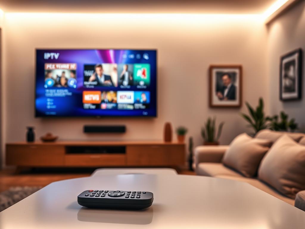 A cozy living room with a sleek, modern smart TV mounted on the wall. The screen displays a vibrant IPTV interface, showcasing a variety of streaming channels and content. Soft, indirect lighting illuminates the room, creating a warm and inviting atmosphere. In the foreground, a wireless remote control lies on a minimalist coffee table, hinting at the seamless user experience. The middle ground features a plush, comfortable sofa, perfectly positioned for an immersive viewing experience. The background subtly blends natural elements, such as potted plants and a framed piece of artwork, reflecting a harmonious and well-designed living space optimized for effortless IPTV streaming.