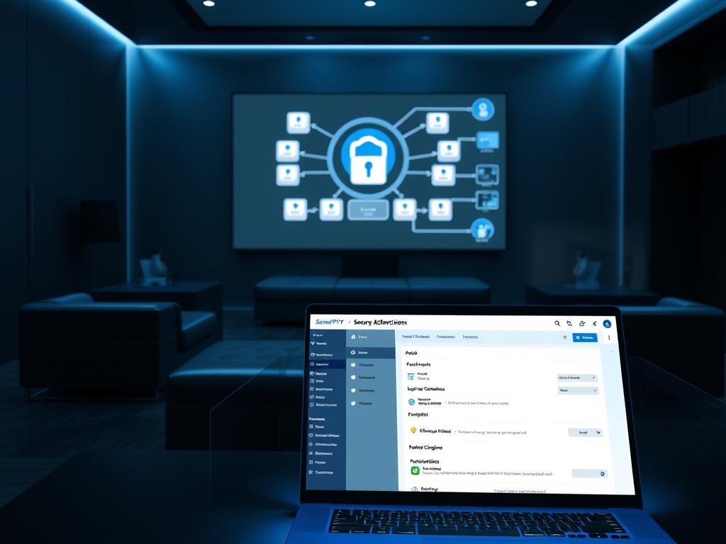 A dark, high-tech room with sleek, modern furniture and minimalist decor. In the foreground, a secure IPTV dashboard displays various security features, including two-factor authentication, encrypted login credentials, and IP address restrictions. The dashboard is bathed in a soft blue glow, creating a sense of digital sophistication. In the middle ground, a laptop shows a detailed view of the IPTV account settings, highlighting advanced security configurations. The background features a large, wall-mounted display showcasing a secure network diagram, illustrating the layers of protection for the IPTV service.