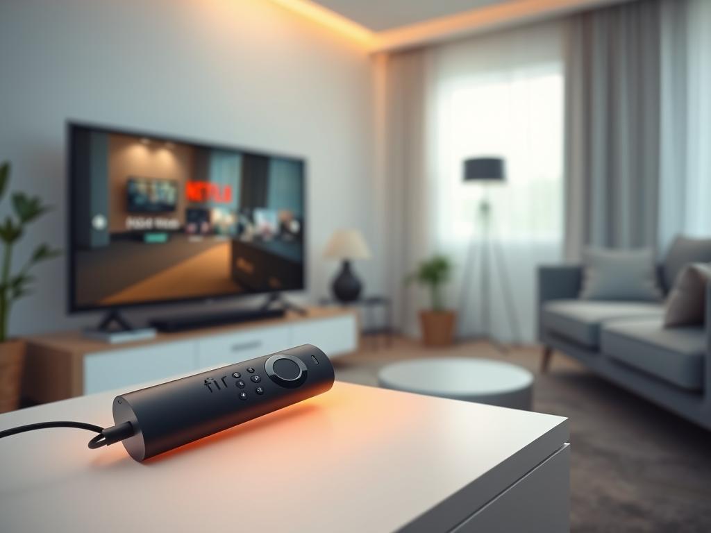 A digital living room setting with a Firestick device prominently displayed on a TV stand. The Firestick is illuminated, casting a warm glow, suggesting easy access to free IPTV content. The background features a cozy, minimalist interior with neutral tones and clean lines, creating a calming atmosphere. Soft, diffused lighting fills the space, highlighting the Firestick's simplicity and the potential for seamless streaming. The composition emphasizes the Firestick as the focal point, inviting the viewer to explore the possibilities of free IPTV for their home entertainment setup.