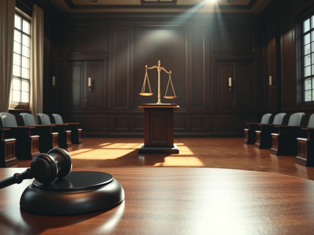 A dimly lit courtroom, with sunlight filtering through the windows casting long shadows across the hardwood floors. At the center, a podium stands, a symbol of justice and authority. On the wall behind it, the scales of justice are prominently displayed, their balance delicately poised. In the foreground, a gavel rests on the polished surface, a powerful tool for upholding the law. The atmosphere is somber, reflecting the gravity of the legal proceedings taking place within this hallowed space. The scene conveys the complex and nuanced nature of the legality surrounding IPTV services, where the line between right and wrong can be blurred.