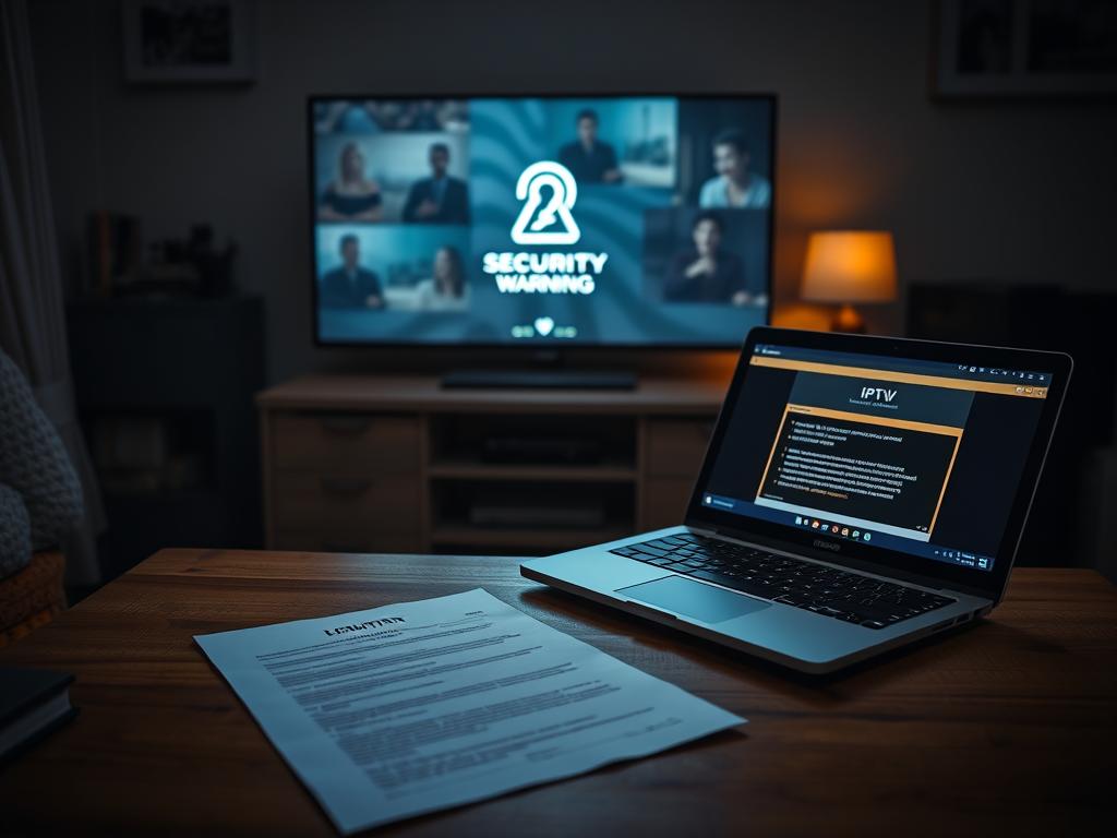 A dimly lit home office with a legal document on a wooden desk, a smart TV displaying security warning signs, and a laptop connected to an IPTV service. The scene has a sense of tension and caution, with soft, dramatic lighting illuminating the key elements. The document and security warnings suggest the need for careful consideration of legal and security implications when using IPTV. The composition draws the viewer's attention to the central conflict between the convenience of IPTV and the potential risks involved.