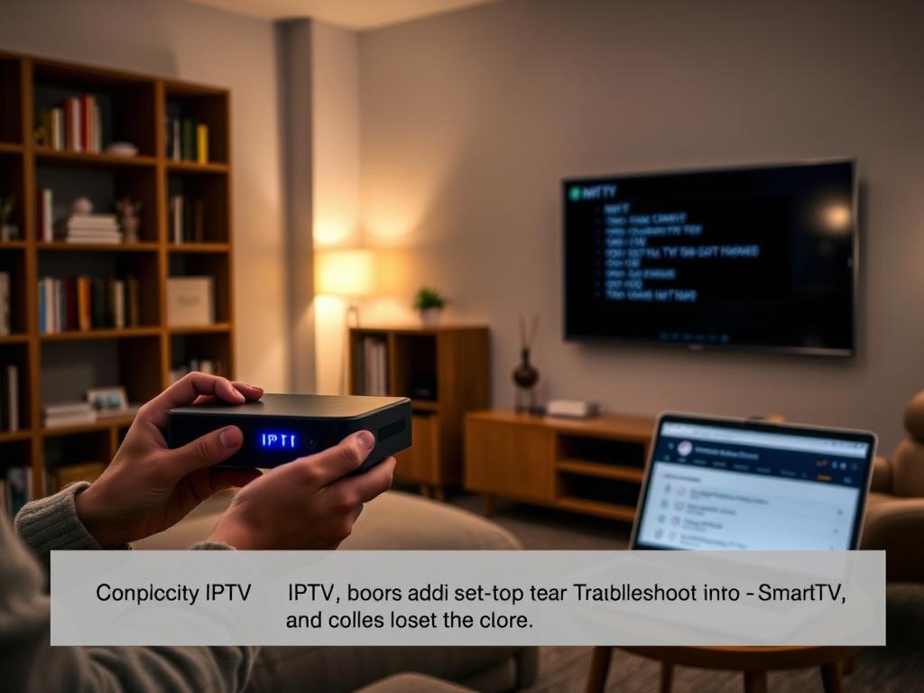 A dimly lit living room with a sleek, modern Smart TV mounted on the wall. In the foreground, a person's hands manipulating the settings on an IPTV set-top box, its blue LED lights casting a soft glow. Behind them, a laptop open on a side table, displaying troubleshooting steps. Bookshelves and a cozy armchair create a warm, homely atmosphere, suggesting a comfortable, problem-solving environment. Subtle ambient lighting and a muted color palette evoke a sense of focus and concentration, as the person works to resolve the IPTV-to-Smart TV connectivity issue.