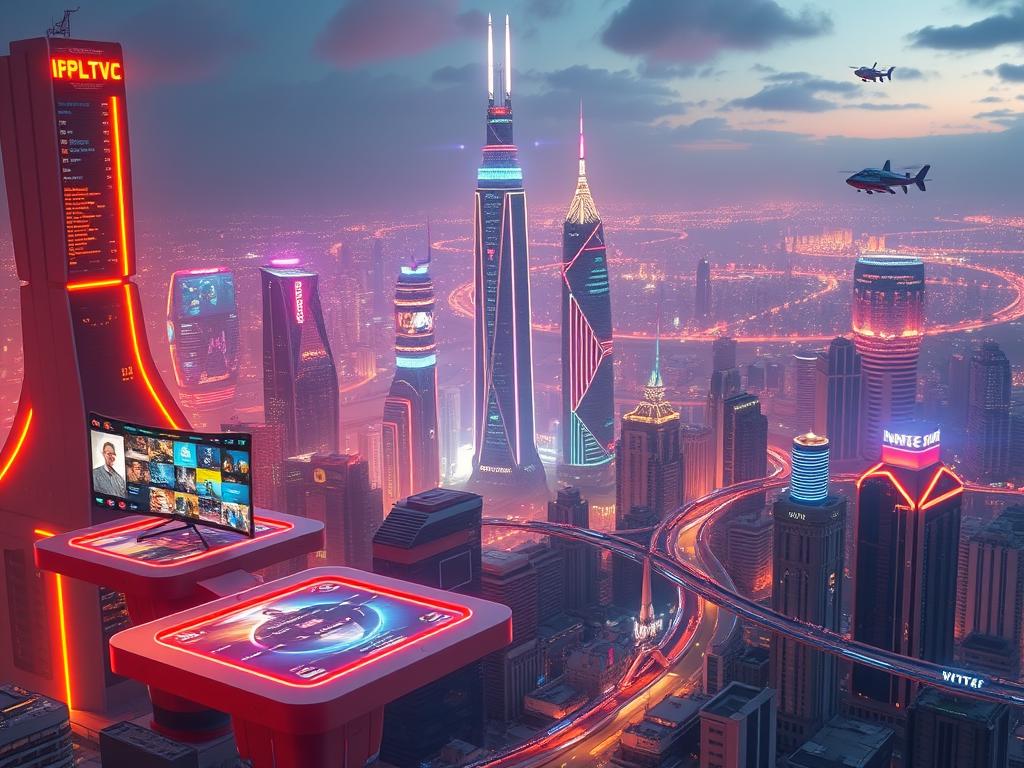 A futuristic cityscape bathed in a warm, neon glow. In the foreground, sleek, floating platforms with holographic interfaces showcase the latest IPTV streaming technology. Transparent screens display a diverse array of content, reflecting the seamless integration of entertainment and communication. In the middle ground, towering skyscrapers with dynamic, pulsing lights suggest the rapid advancements in IPTV infrastructure. The background is a sprawling metropolis, with hovering vehicles and futuristic architecture, hinting at the interconnected nature of the IPTV ecosystem. The overall scene conveys a sense of technological progression, innovation, and the immersive future of IPTV streaming platforms.