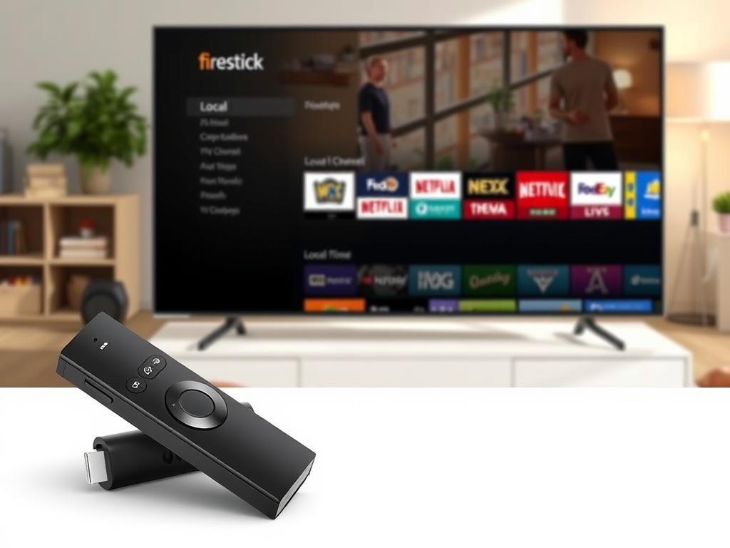 A high-resolution, detailed illustration of a Firestick device displaying a sleek, modern local channels guide interface. The foreground shows the Firestick device in a clean, minimalist design, seamlessly blending with the crisp, vibrant display showcasing a user-friendly grid of local TV channel listings. The middle ground features a subtle, soft-focus backdrop of a cozy living room setting, hinting at the comfortable, immersive viewing experience. The lighting is natural and warm, creating a welcoming ambiance. The overall composition conveys a sense of ease and accessibility, highlighting the simplicity of accessing local channels on the Firestick.