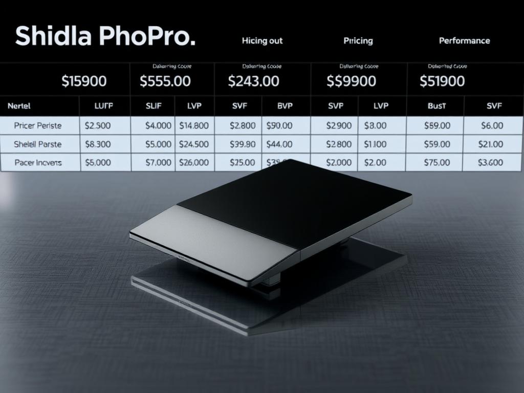 A high-resolution, detailed image of the Nvidia Shield Pro streaming device placed on a reflective, metallic surface. The device is shown from multiple angles, showcasing its sleek, modern design. In the background, a grid of pricing information for the Shield Pro is displayed, allowing for a clear comparison of its cost relative to performance. The lighting is soft and even, creating a professional, technical atmosphere. The overall composition emphasizes the device's value proposition, inviting the viewer to consider its price-to-performance ratio.