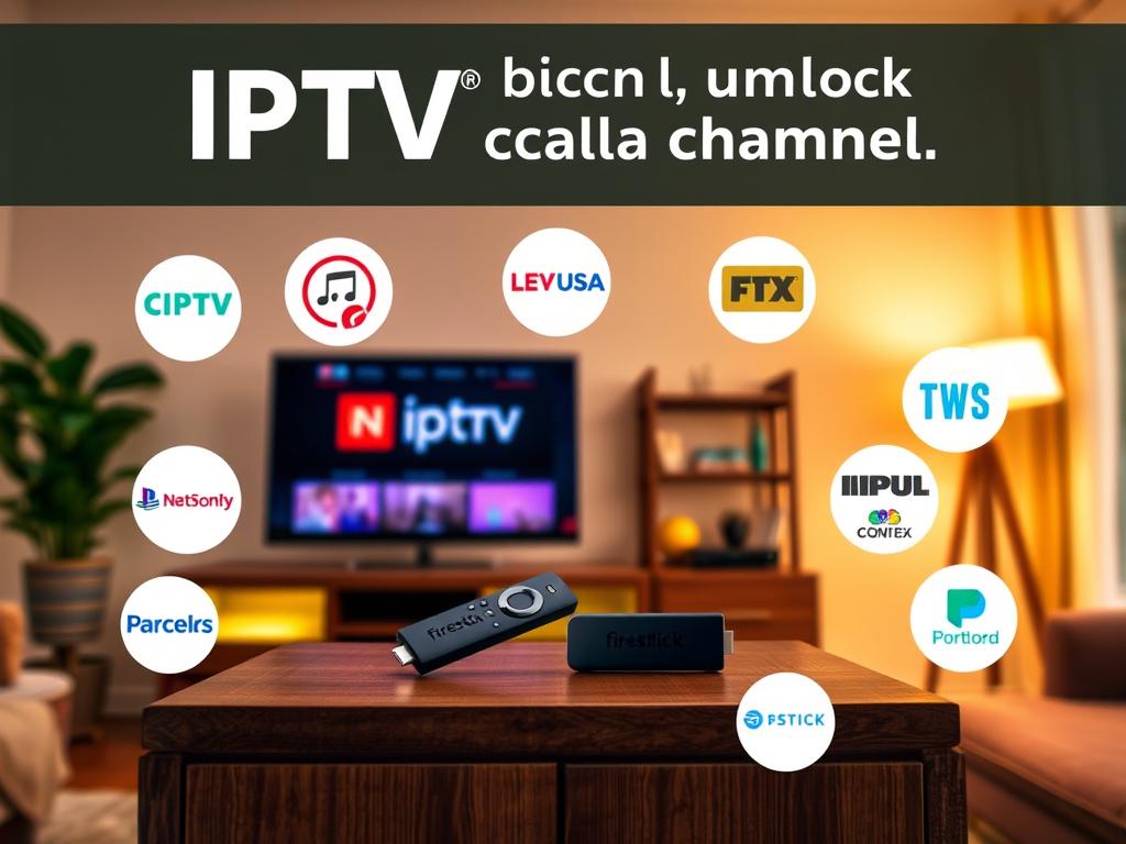 A living room setting with a Firestick device prominently displayed on a media cabinet, surrounded by various IPTV service provider logos and icons. The room is well-lit, with warm, inviting lighting that creates a cozy atmosphere. The Firestick is the focal point, showcasing its ability to access local channels through IPTV services. The composition emphasizes the integration of IPTV and the Firestick, conveying the ease and convenience of unlocking local channels. The image should have a clean, modern, and visually appealing aesthetic to align with the tutorial's subject matter.