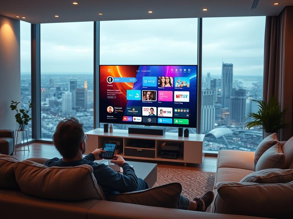A modern, high-tech living room with a large flatscreen TV displaying a vibrant IPTV interface. The TV is the focal point, surrounded by sleek, minimalist furniture and decor. Soft, ambient lighting creates a cozy, immersive atmosphere. In the foreground, a person relaxes on a comfortable couch, remote in hand, engrossed in the IPTV experience. The background features large windows, providing a glimpse of a bustling city skyline. The scene conveys a sense of convenience, entertainment, and technological sophistication.