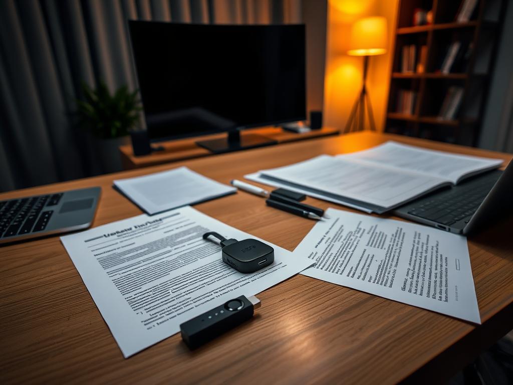 A modern home office, dimly lit with warm lighting. On the desk, a sleek black Firestick device stands out against the clean, minimalist workspace. Legal documents and a laptop computer suggest the serious nature of the task at hand - researching the legal implications of using IPTV services. The room's atmosphere is contemplative, with a sense of professionalism and attention to detail. The camera angle is slightly elevated, giving a bird's-eye view of the scene and emphasizing the considered, deliberate nature of the activity.