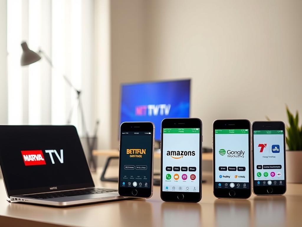 A modern home office setting with a desk, laptop, and multiple smartphone screens displaying various live TV streaming service apps. The lighting is soft and diffused, creating a warm, inviting atmosphere. The desk is organized, with a few accessories like a pen holder and a potted plant, conveying a sense of professionalism. The smartphone screens showcase different service logos and user interfaces, allowing for a side-by-side comparison. The overall scene suggests a thoughtful evaluation of live TV streaming options, with an emphasis on customer support and service reliability.