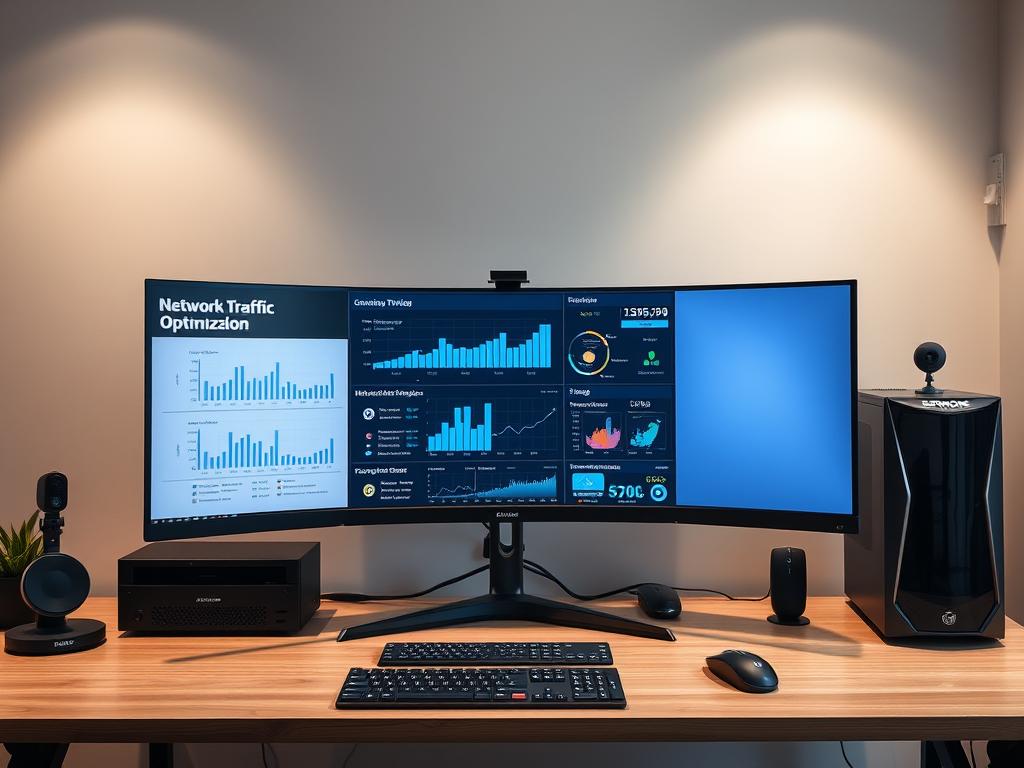 A modern home office setup with a sleek, ultrawide computer monitor displaying network traffic optimization charts and graphs. The desk is minimalist, with a wireless keyboard and mouse, a high-end gaming PC, and a compact webcam. Soft, indirect lighting illuminates the space, creating a calm and focused atmosphere. The background features clean, geometric architectural elements in muted tones, complementing the technological theme. The overall composition conveys the idea of optimizing internet connectivity for seamless IPTV streaming.