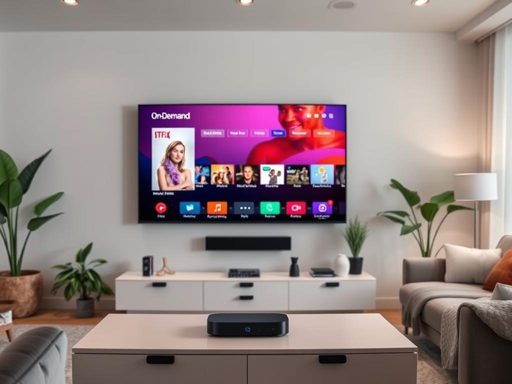 A modern living room with a large flat-screen TV mounted on the wall. The TV displays a vibrant, on-demand streaming interface with a variety of content options. In the foreground, a sleek, minimalist media console holds a high-end streaming device. Soft, indirect lighting illuminates the scene, creating a cozy and inviting atmosphere. The room is decorated with modern, neutral-toned furnishings, plants, and artwork, reflecting a stylish and tech-savvy aesthetic. The overall scene conveys the convenience and versatility of a top-tier streaming service experience in the comfort of a well-appointed home.