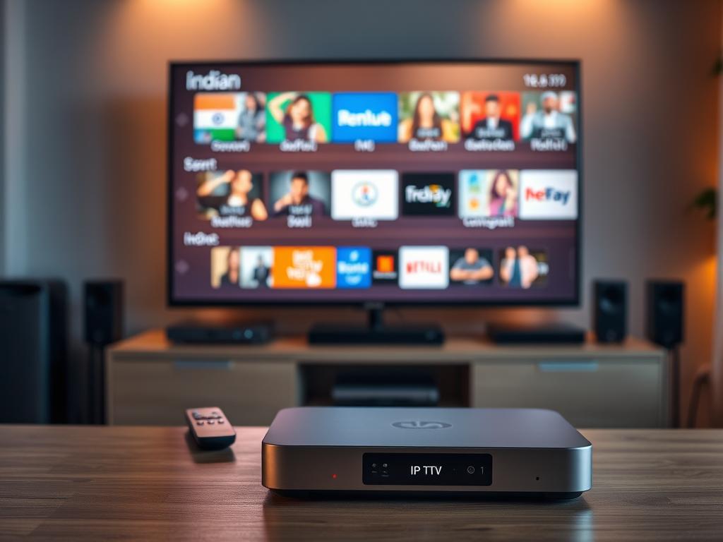 A modern, minimalist home entertainment setup with a high-definition television displaying an array of Indian television channels, surrounded by various streaming devices and remote controls. The scene is bathed in warm, ambient lighting, creating a cozy and inviting atmosphere. In the foreground, a sleek, minimalist IPTV device prominently showcased, hinting at the seamless integration of international content within a domestic setting. The overall composition conveys the ease and convenience of accessing Indian entertainment from the comfort of one's own home in the United States.