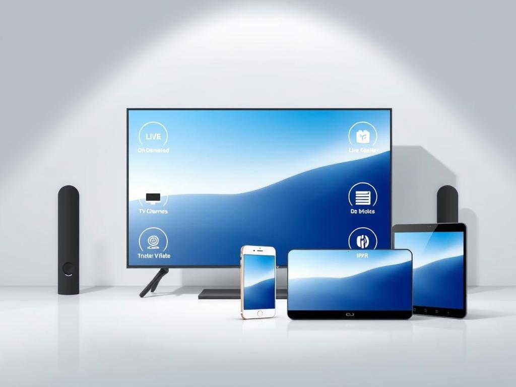 A modern, minimalist illustration showcasing the key features of an IPTV service. In the foreground, a sleek, high-definition television displays a vibrant, crystal-clear image. Surrounding the TV, intuitive icons representing on-demand content, live TV channels, and DVR capabilities. In the middle ground, a stylized smartphone and tablet devices, mirroring the TV screen, demonstrating seamless multi-device compatibility. The background features a clean, gradient-based design, evoking a sense of technological sophistication. Lighting is soft and diffused, creating an atmosphere of refined elegance. The overall composition conveys the reliable, user-friendly nature of the 2TV.Store IPTV platform.