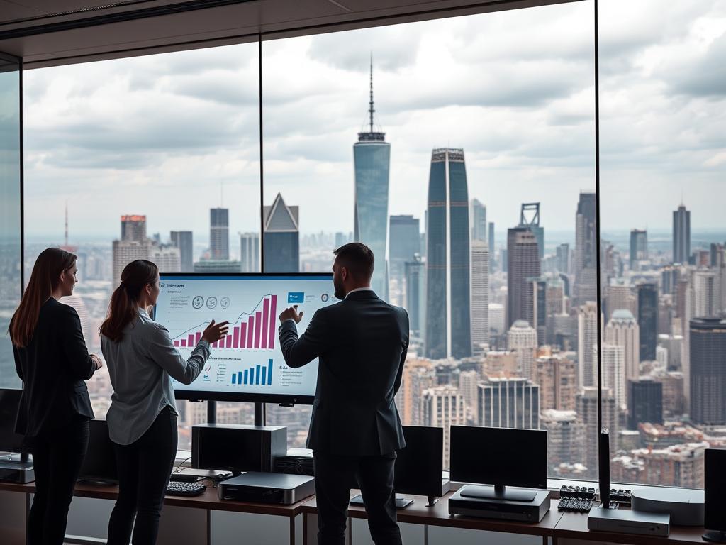 A modern, sleek IPTV business hub set against a backdrop of a bustling city skyline. In the foreground, a team of professionals collaborating on a touch screen display, analyzing graphs and charts that showcase the growth trajectory of their IPTV service. The middle ground features a collection of diverse client devices, each seamlessly integrated into the IPTV ecosystem. In the background, a panoramic view of the cityscape, with towering skyscrapers and a vibrant, energetic atmosphere. The lighting is a mix of natural daylight and strategically placed, warm-toned lighting fixtures, creating a professional and aspirational ambiance. The composition emphasizes the scale, innovation, and collaborative nature of a thriving IPTV business.