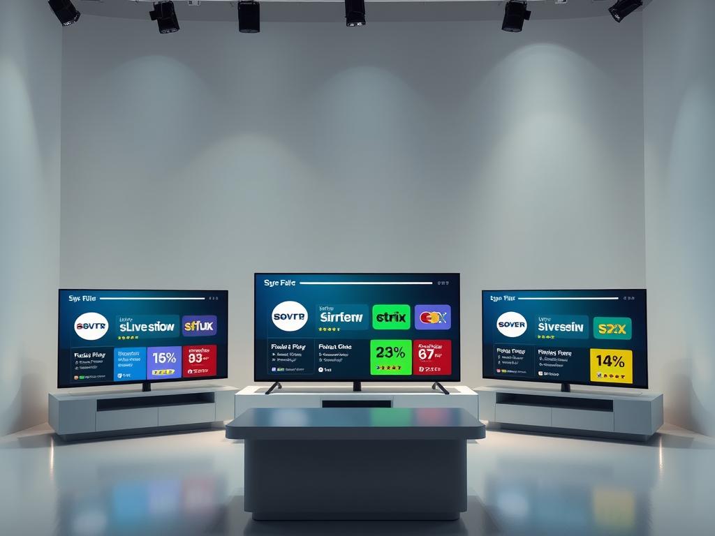 A professional, stylish studio setting with three large, high-definition TV screens displaying various live TV streaming service logos and rating information. The screens are positioned in the foreground, with a sleek, minimalist desk or counter in the middle ground, creating a modern, technology-focused atmosphere. The background features a clean, white or light-colored wall, creating a bright, airy environment. Subtle backlighting illuminates the screens, adding depth and drama to the scene. The overall composition is visually striking, emphasizing the comparison and review of live TV streaming providers, reflecting the subject and section title.