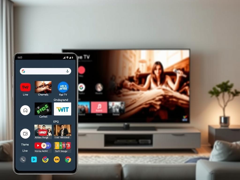 A sleek and modern Android TV interface showcasing a feature-rich IPTV app. The foreground displays the app's intuitive menu, highlighting live TV channels, on-demand content, and EPG functionality. The middle ground depicts a large smart TV screen with a crisp, high-definition video stream playing. The background subtly suggests a contemporary living room setting, with soft lighting and minimalist decor complementing the technological focus. The overall mood is one of seamless integration between the IPTV app and the smart TV, conveying the ease of setting up and enjoying a premium streaming experience.