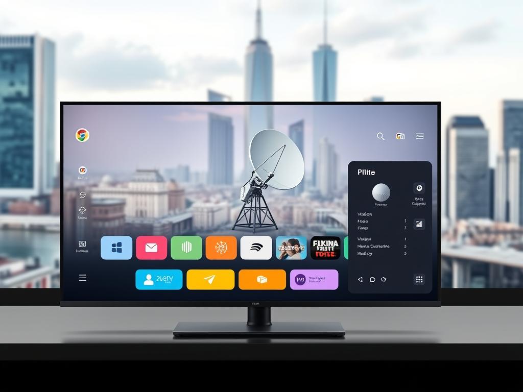 A sleek and modern IPTV platform interface, showcasing a suite of intuitive tools and features. The foreground displays a clean, responsive dashboard with colorful graphics and icons, highlighting the platform's user-friendly design. In the middle ground, a 3D render of a satellite dish and broadcasting equipment symbolizes the robust technical infrastructure powering the IPTV solution. The background features a cityscape with skyscrapers, representing the global reach and scalability of the platform. The overall scene conveys a sense of efficiency, innovation, and the seamless integration of technology with user experience, perfectly capturing the essence of a comprehensive IPTV platform solution.