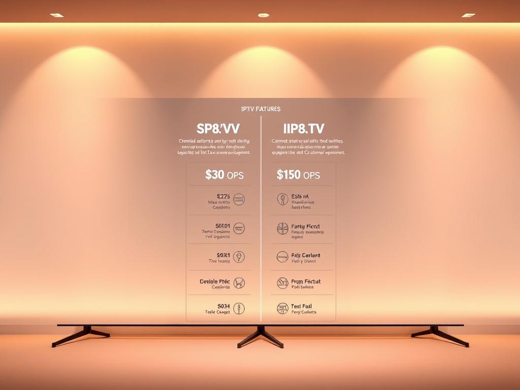 A sleek, modern comparison of IPTV providers, showcasing their key features and capabilities against a clean, minimalist backdrop. The foreground displays a side-by-side layout of service logos, with detailed stats and metrics hovering above each one. The middle ground depicts stylized icons and infographic elements that highlight factors like pricing, channel selection, and customer support. The background features a subtle gradient or texture, creating a sense of depth and professionalism. Warm, evenly distributed lighting casts a sophisticated ambiance, while a slightly low camera angle emphasizes the authoritative nature of the comparison. The overall mood is one of clarity, objectivity, and consumer-friendly information.