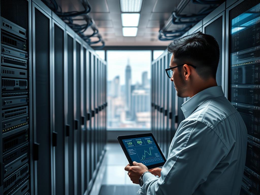 A sleek, modern data center with rows of network servers and rack-mounted equipment. Soft, directional lighting illuminates the scene, casting subtle shadows and highlighting the intricate cabling and cooling systems. In the foreground, a network engineer examines a diagnostic display, analyzing the IPTV service performance data. The background features a panoramic window overlooking a cityscape, symbolizing the global reach and connectivity of the IPTV infrastructure. The overall atmosphere conveys a sense of technological sophistication, efficiency, and reliability - essential elements for providing uninterrupted, high-quality streaming experiences.