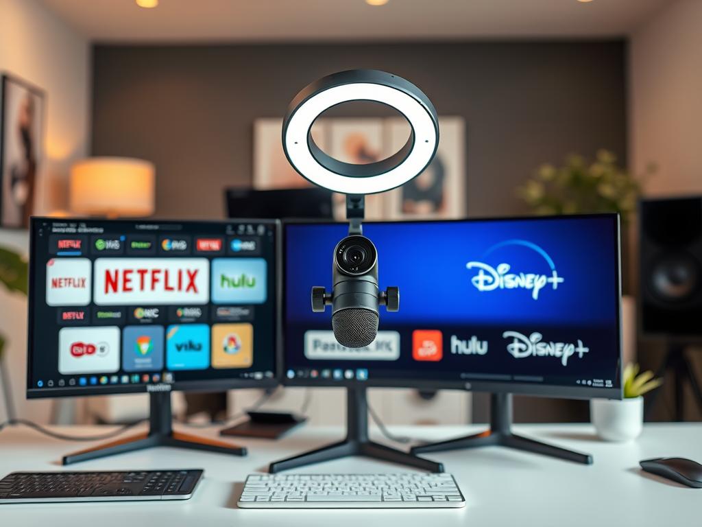 A sleek, modern desktop setup showcasing the best live streaming services. In the foreground, various streaming platform logos (Netflix, Hulu, Disney+, etc.) are displayed on high-resolution screens with a minimalist, user-friendly interface. The middle ground features a professional-grade webcam, ring light, and microphone, conveying a polished, studio-quality streaming environment. The background has a blurred, out-of-focus view of a trendy, minimalist home office space with clean lines, warm lighting, and hints of greenery. The overall scene exudes a sense of technological sophistication, productivity, and the ability to create high-quality live content with the right tools and services.