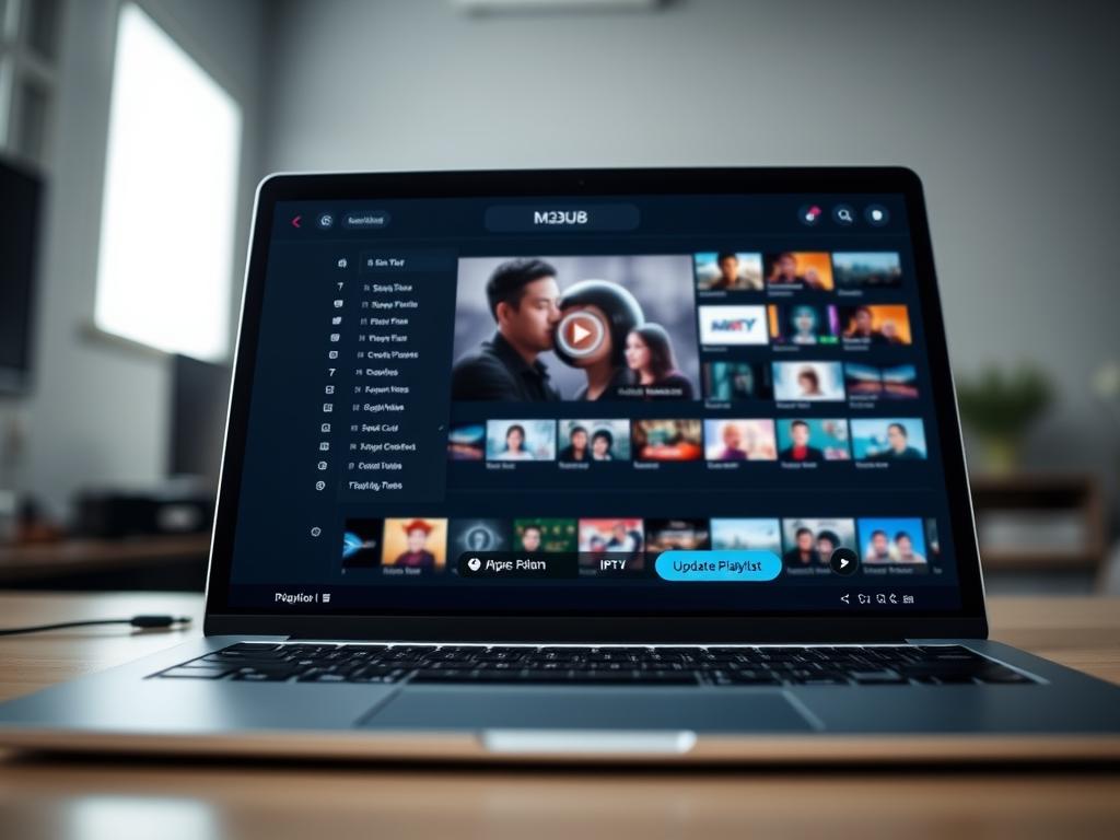 A sleek, modern laptop screen displays a dynamic M3U8 playlist interface. The foreground features a clean, minimalist design with intuitive controls and a prominent "Update Playlist" button. The middle ground showcases a live video preview, showcasing the seamless playback of the IPTV content. In the background, a subtle grid of thumbnails provides a visual representation of the available channels. The lighting is soft and diffused, creating a professional, yet approachable atmosphere. The camera angle is slightly elevated, providing a comprehensive view of the workflow, as if the viewer is an active participant in the playlist management process.