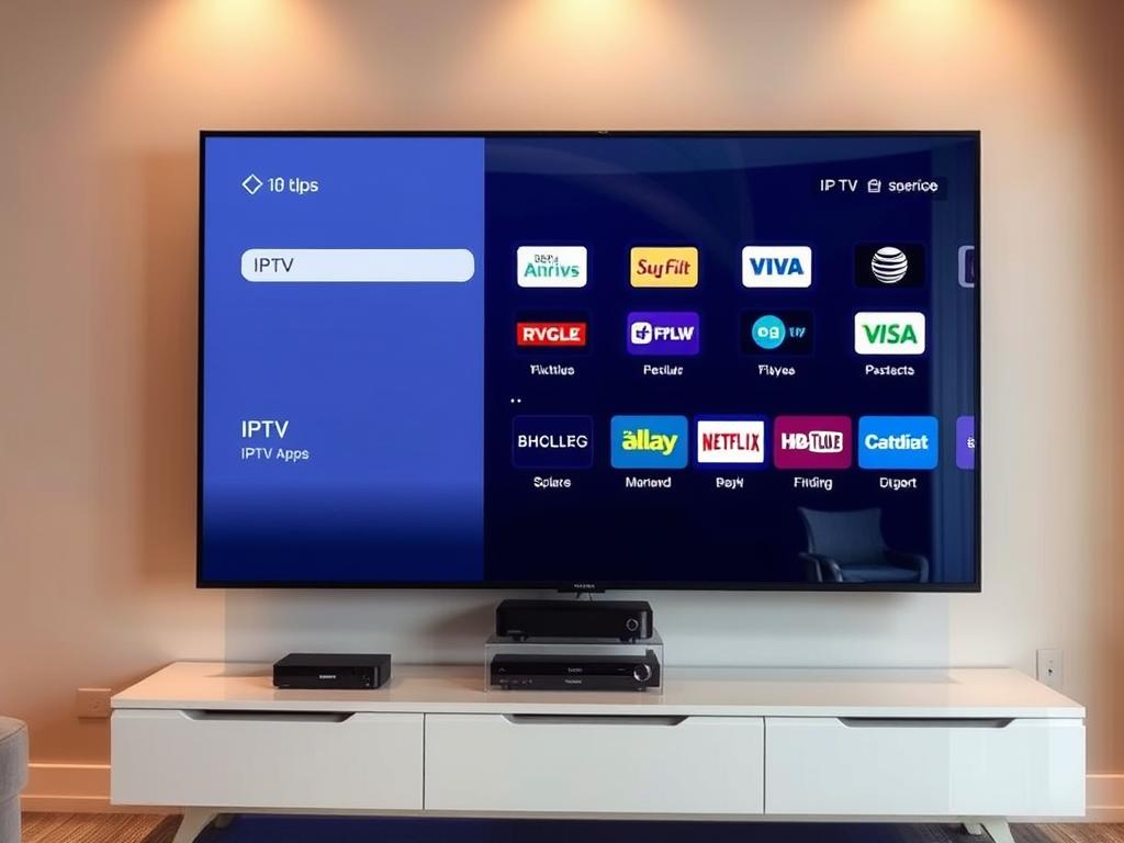 A sleek, modern smart TV interface showcasing a variety of IPTV apps against a backdrop of a living room setting. The TV screen displays a clean, minimalist design with clearly labeled app icons for popular IPTV services. The room is bathed in warm, soft lighting, creating a cozy and inviting atmosphere. The TV is mounted on a wall, with a contemporary entertainment unit below housing various media devices. Subtle reflections on the TV screen and polished surfaces add depth and realism to the scene. The overall composition emphasizes the integration of IPTV technology within a comfortable, high-end home entertainment setup.
