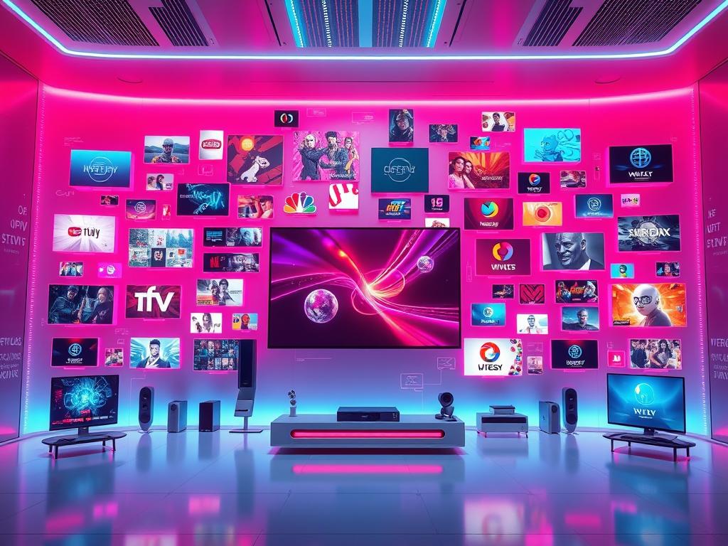 A vast array of futuristic IPTV streaming platforms seamlessly integrated, floating in a sleek, minimalist digital environment. Vibrant, neon-infused hues cast an alluring glow, while dynamic interfaces and intuitive controls suggest the effortless navigation of endless entertainment options. In the background, a subtle mesh of data visualizations and technological abstractions hint at the advanced infrastructure powering these cutting-edge services. The scene conveys a sense of boundless possibilities, where the boundaries between physical and digital realms blur, ushering in a new era of immersive, personalized media experiences.