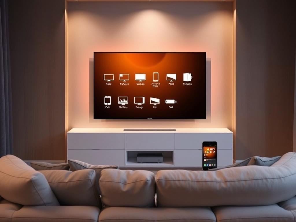 A well-lit living room setting, with a comfortable couch and a sleek entertainment center. On the screen, a user interface displaying multiple device icons, representing different devices accessing the same IPTV account. The room is bathed in a warm, inviting glow, conveying a sense of ease and convenience. The devices, ranging from a smart TV to a mobile phone and tablet, are seamlessly integrated, showcasing the effortless migration of the IPTV account across various platforms. The overall atmosphere suggests the simplicity and accessibility of managing IPTV on multiple devices, supporting the article's focus on providing uninterrupted entertainment.