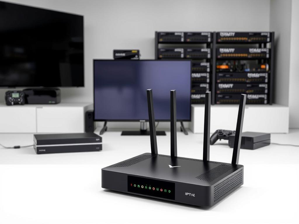 Sleek and modern IPTV compatible devices sit upon a minimalist, well-lit studio set. In the foreground, a high-end streaming box and wireless router are prominently displayed, showcasing their advanced connectivity and cutting-edge design. The middle ground features a smart TV and gaming console, illustrating the versatility of IPTV across entertainment platforms. In the background, a neatly organized rack of network switches and modems suggests a robust, high-performance home network infrastructure. The overall scene conveys a sense of technological sophistication and seamless integration, perfectly aligning with the "Essential Hardware and Network Requirements" for reliable IPTV streaming.