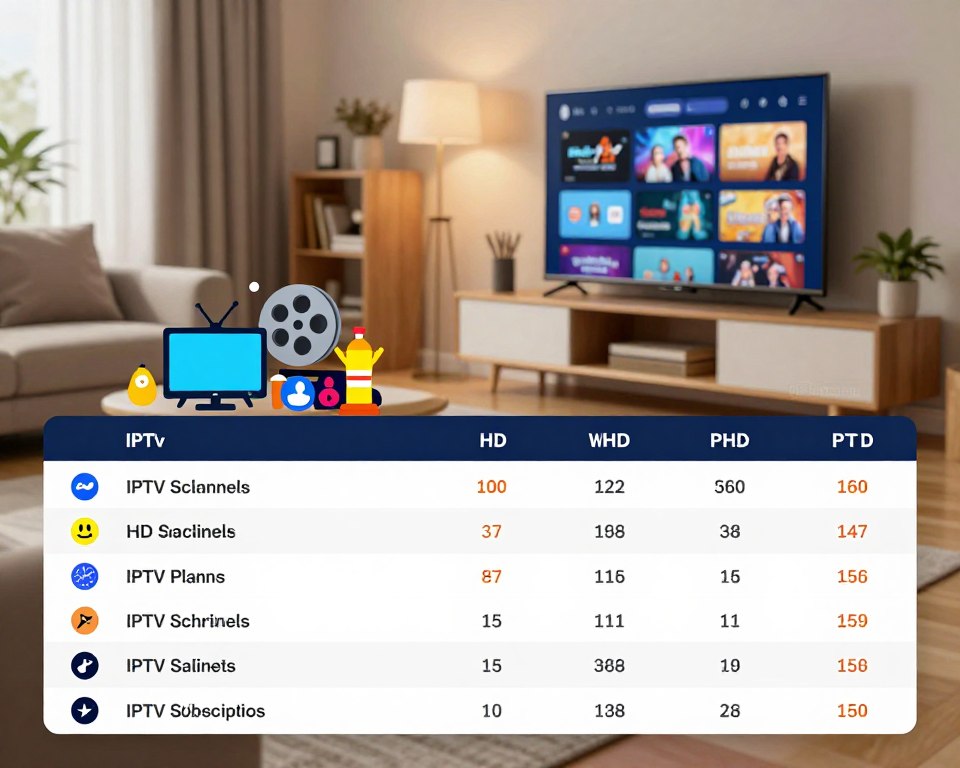 A clean and professional comparison chart displaying various IPTV subscription plans. In the foreground, place a vivid, organized table featuring different plans with icons representing features like HD streaming, number of channels, and device compatibility. The middle ground should include stylized graphics of popular entertainment symbols—such as a TV, movie reels, and sports equipment—indicating the diverse content available. In the background, a modern living room setup with a sleek television displaying streaming visuals adds depth, enhanced by warm, inviting lighting. Use a wide-angle lens effect to provide a comprehensive view, creating a mood of excitement and accessibility for viewers looking to explore subscription options. A clean and professional comparison chart displaying various IPTV subscription plans. In the foreground, place a vivid, organized table featuring different plans with icons representing features like HD streaming, number of channels, and device compatibility. The middle ground should include stylized graphics of popular entertainment symbols—such as a TV, movie reels, and sports equipment—indicating the diverse content available. In the background, a modern living room setup with a sleek television displaying streaming visuals adds depth, enhanced by warm, inviting lighting. Use a wide-angle lens effect to provide a comprehensive view, creating a mood of excitement and accessibility for viewers looking to explore subscription options.