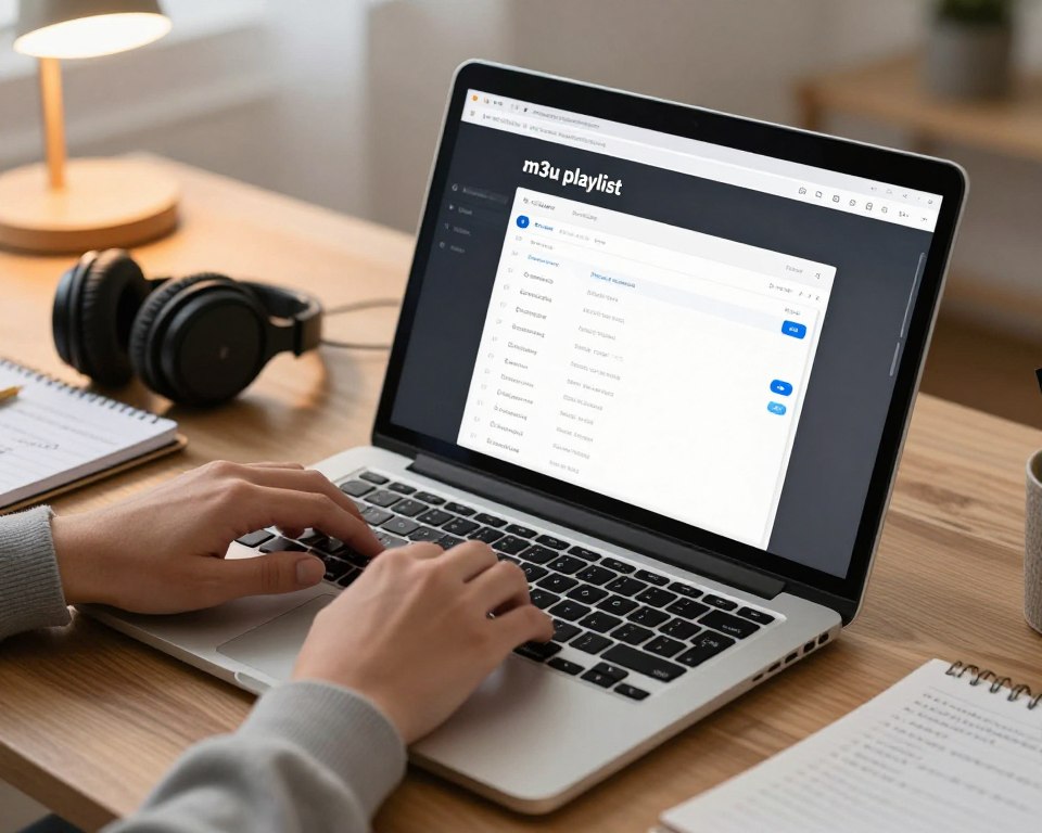 A close-up view of a MacBook on a modern wooden desk, featuring a sleek screen displaying an "m3u playlist" creation interface in a music management application. The foreground includes hands of a person in a smart-casual outfit typing on the keyboard, with a focus on the detailed screen content showing tracks being added to the playlist. In the middle ground, a stylish pair of headphones and a notepad with creative notes are visible, adding a personal touch. The background subtly displays a cozy room with soft, warm lighting from a desk lamp, creating a productive and inviting atmosphere. The angle is slightly tilted for a dynamic perspective, enhancing the engagement of the viewer with the scene. A close-up view of a MacBook on a modern wooden desk, featuring a sleek screen displaying an "m3u playlist" creation interface in a music management application. The foreground includes hands of a person in a smart-casual outfit typing on the keyboard, with a focus on the detailed screen content showing tracks being added to the playlist. In the middle ground, a stylish pair of headphones and a notepad with creative notes are visible, adding a personal touch. The background subtly displays a cozy room with soft, warm lighting from a desk lamp, creating a productive and inviting atmosphere. The angle is slightly tilted for a dynamic perspective, enhancing the engagement of the viewer with the scene.