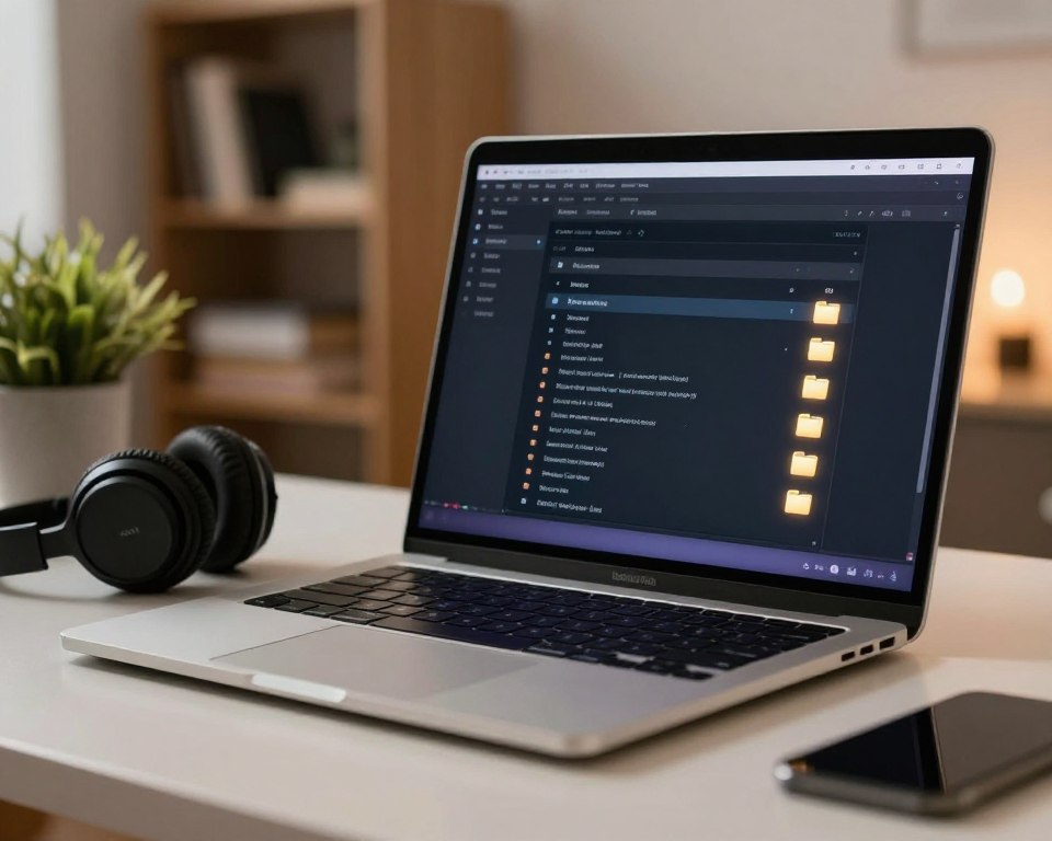 A close-up view of an open Mac laptop displaying an m3u playlist file on its screen. The foreground features a neatly organized workspace with a sleek, modern desk, a high-quality pair of headphones beside the laptop, and a small potted plant for a touch of greenery. In the middle ground, the laptop screen prominently shows an m3u file interface, highlighting its text and structure, with soft, glowing folder icons. The background includes softly blurred elements like a stylish bookshelf and warm ambient lighting, creating a cozy and inviting atmosphere. The scene is shot at a slight angle, showcasing the elegant design of the Mac laptop. The overall mood is professional yet approachable, ideal for a tutorial setting. A close-up view of an open Mac laptop displaying an m3u playlist file on its screen. The foreground features a neatly organized workspace with a sleek, modern desk, a high-quality pair of headphones beside the laptop, and a small potted plant for a touch of greenery. In the middle ground, the laptop screen prominently shows an m3u file interface, highlighting its text and structure, with soft, glowing folder icons. The background includes softly blurred elements like a stylish bookshelf and warm ambient lighting, creating a cozy and inviting atmosphere. The scene is shot at a slight angle, showcasing the elegant design of the Mac laptop. The overall mood is professional yet approachable, ideal for a tutorial setting.