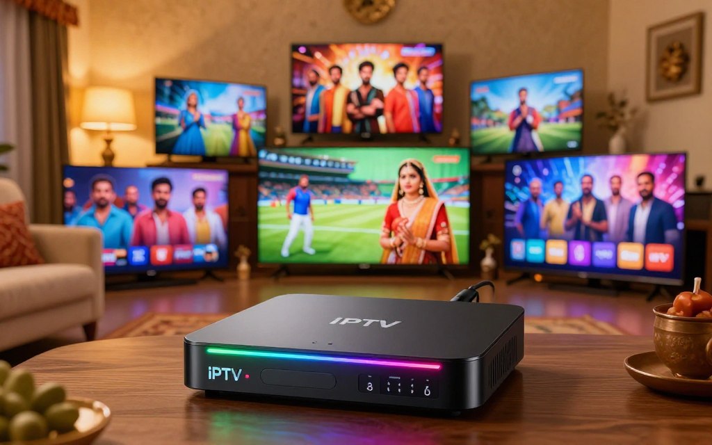A dynamic and informative digital landscape depicting a selection of IPTV devices showcasing Indian channels. In the foreground, a sleek, modern IPTV box is prominently displayed, with vibrant LED lights indicating functionality. In the middle ground, an array of flat-screen TVs displays colorful Indian cultural programming, like Bollywood films and cricket matches, creating a lively atmosphere. The background features a cozy living room setting with warm, inviting lighting, highlighting a comfortable sofa and traditional Indian decor. The scene should convey a sense of excitement and accessibility to international entertainment, inviting viewers to explore products that cater to Indian audiences. Use a wide angle lens to capture the entire scene, with soft focus on the details for a warm, engaging mood. A dynamic and informative digital landscape depicting a selection of IPTV devices showcasing Indian channels. In the foreground, a sleek, modern IPTV box is prominently displayed, with vibrant LED lights indicating functionality. In the middle ground, an array of flat-screen TVs displays colorful Indian cultural programming, like Bollywood films and cricket matches, creating a lively atmosphere. The background features a cozy living room setting with warm, inviting lighting, highlighting a comfortable sofa and traditional Indian decor. The scene should convey a sense of excitement and accessibility to international entertainment, inviting viewers to explore products that cater to Indian audiences. Use a wide angle lens to capture the entire scene, with soft focus on the details for a warm, engaging mood.
