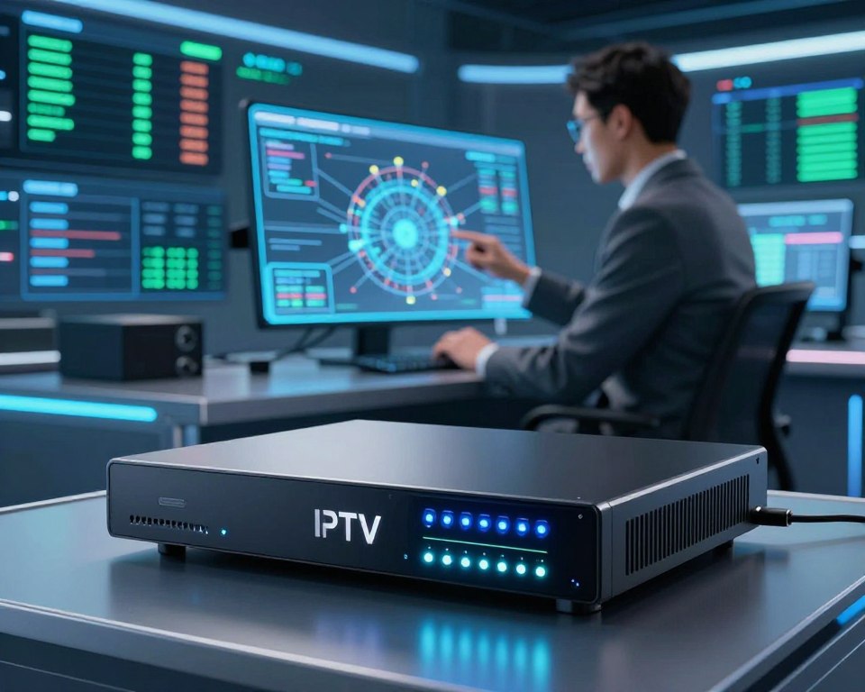 A futuristic IPTV encoder workstation set in a high-tech environment. In the foreground, a sleek, modern IPTV encoder device with glowing LED indicators and a touchscreen interface is prominently displayed. The middle ground features a professional businessperson in smart casual attire, analyzing streaming data on a holographic display. The background includes a digital dashboard filled with visualizations of data streams and network connections, illuminated by soft blue and green LED lights. The scene is captured with a wide-angle lens, highlighting the advanced technology and dynamic atmosphere. The mood is innovative and cutting-edge, emphasizing the breakthroughs and advancements in IPTV encoding technology. A futuristic IPTV encoder workstation set in a high-tech environment. In the foreground, a sleek, modern IPTV encoder device with glowing LED indicators and a touchscreen interface is prominently displayed. The middle ground features a professional businessperson in smart casual attire, analyzing streaming data on a holographic display. The background includes a digital dashboard filled with visualizations of data streams and network connections, illuminated by soft blue and green LED lights. The scene is captured with a wide-angle lens, highlighting the advanced technology and dynamic atmosphere. The mood is innovative and cutting-edge, emphasizing the breakthroughs and advancements in IPTV encoding technology.