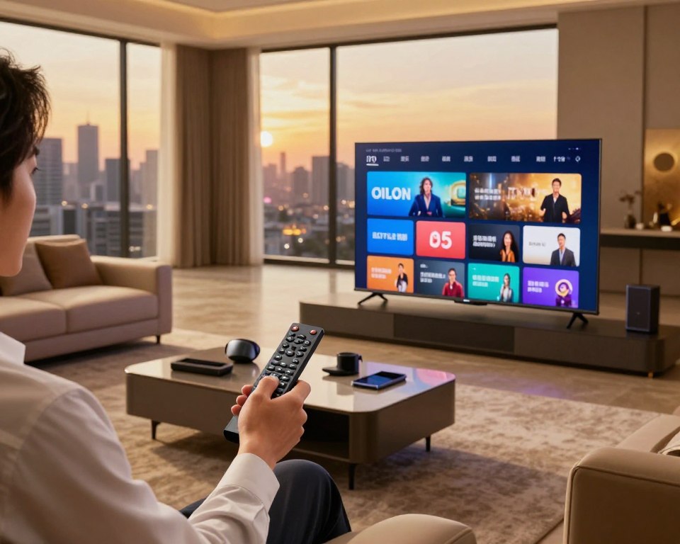 A futuristic living room showcasing IPTV technology, featuring a sleek flat-screen TV displaying vibrant streaming content. In the foreground, a person dressed in professional business attire is interacting with a sophisticated remote control. The middle ground includes elegant furniture arranged around a modern coffee table cluttered with tech gadgets. The background features large windows offering a view of a city skyline at dusk, with warm, golden lighting spilling into the room, creating an inviting atmosphere. The scene is captured from a slightly elevated angle to highlight the technology, enhancing the sense of innovation and modern entertainment. The overall mood is dynamic and engaging, reflecting the evolution of IPTV in the entertainment landscape.