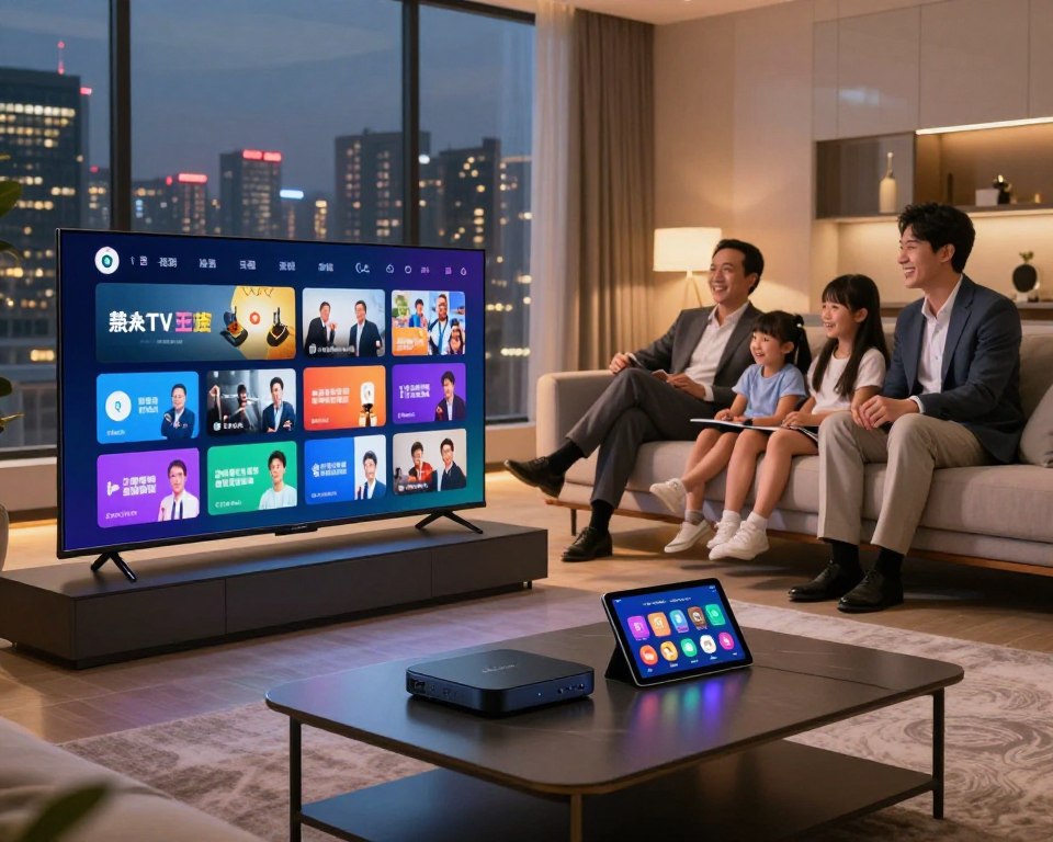 A futuristic scene showcasing advanced IPTV technology in a modern living room. In the foreground, a sleek, ultra-modern TV displaying a high-definition streaming interface, with vibrant colors and dynamic content. A stylish coffee table with digital devices like a streaming box and a tablet featuring various streaming app icons. In the middle ground, a comfortable sofa with a family of three, dressed in professional business attire, engaging with the technology and sharing a joyful moment together. The background features large windows with a view of a city skyline illuminated by evening lights, casting a warm and inviting glow. Soft, ambient lighting creates an engaging atmosphere, emphasizing the seamless integration of technology into daily life. The angle is slightly elevated, capturing the vibrancy of the scene while maintaining a polished, professional look.
